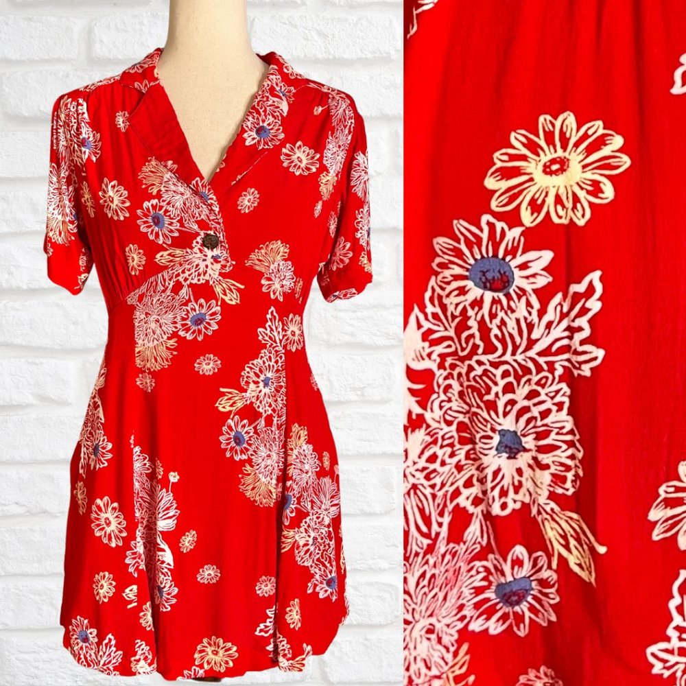Free People Red Short Sleeve Mini Shirt Dress Size Small Floral Print Button Up